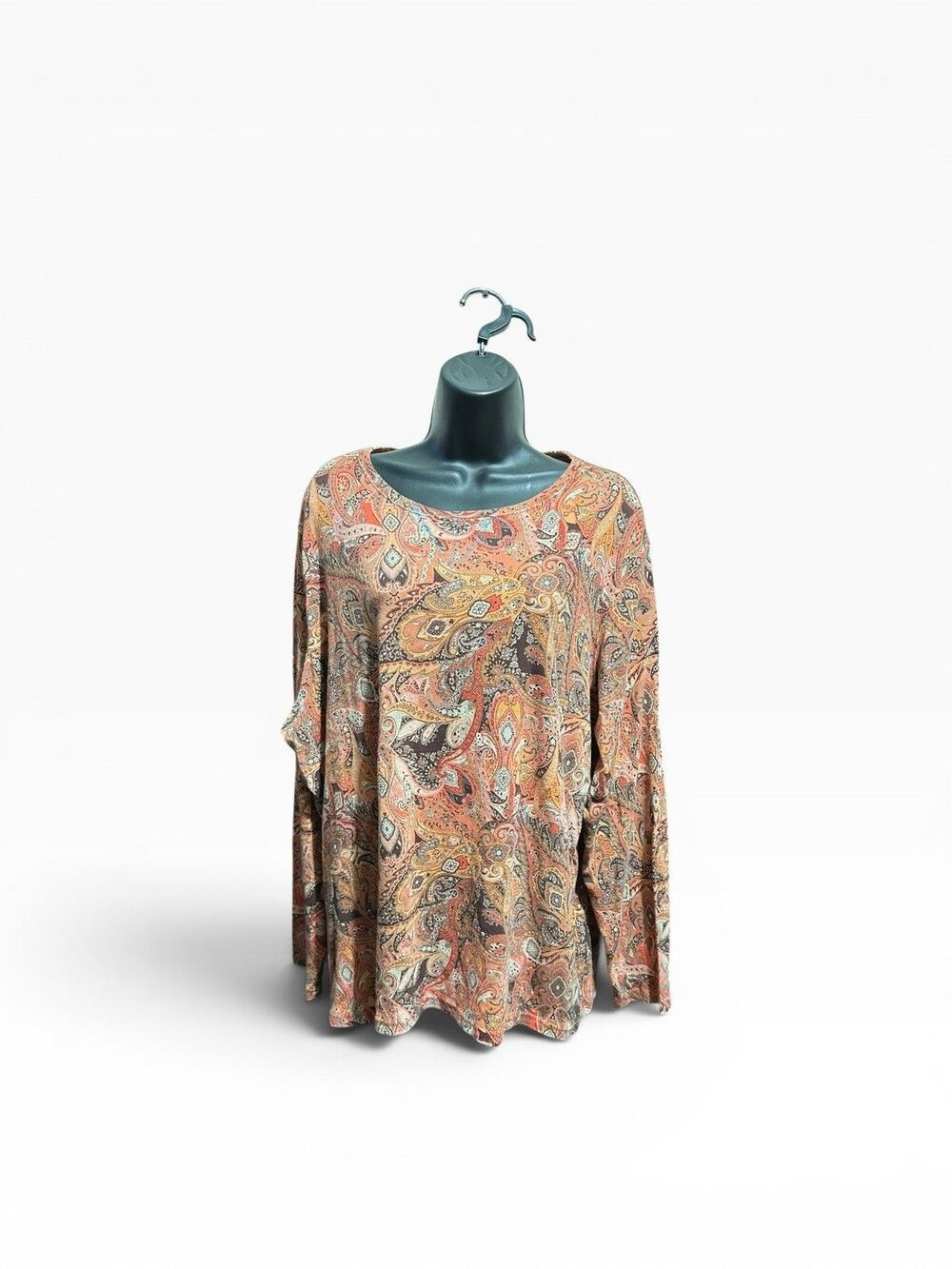 Y2K Paisley Top Womens 3X Orange Bohemian Groovy Psychedelic Austere Long Sleeve